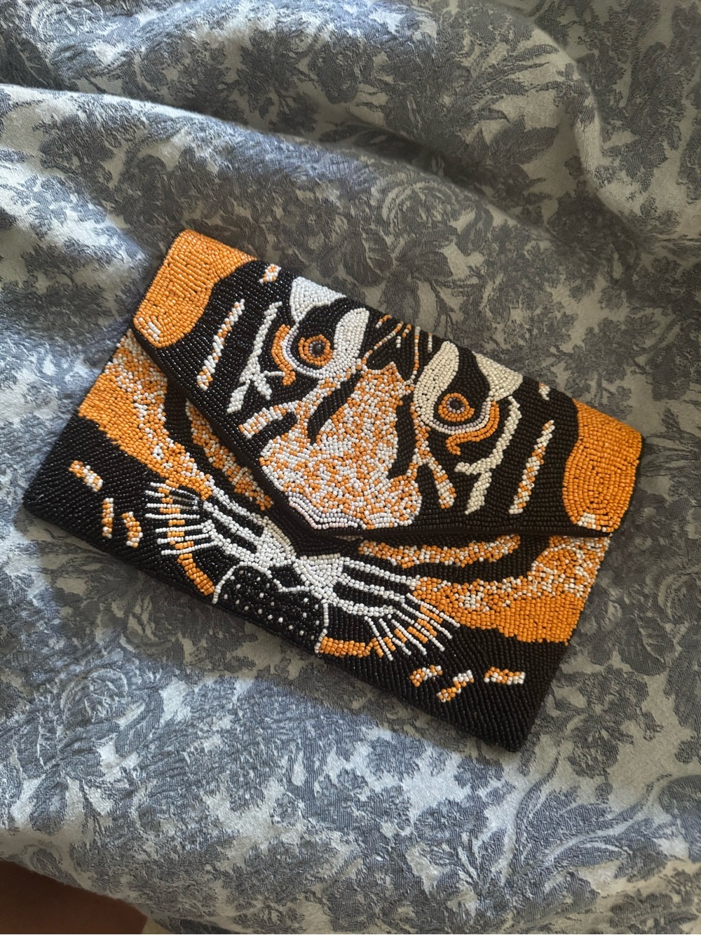 Beaded Tiger Clutch in Orange, Black & White